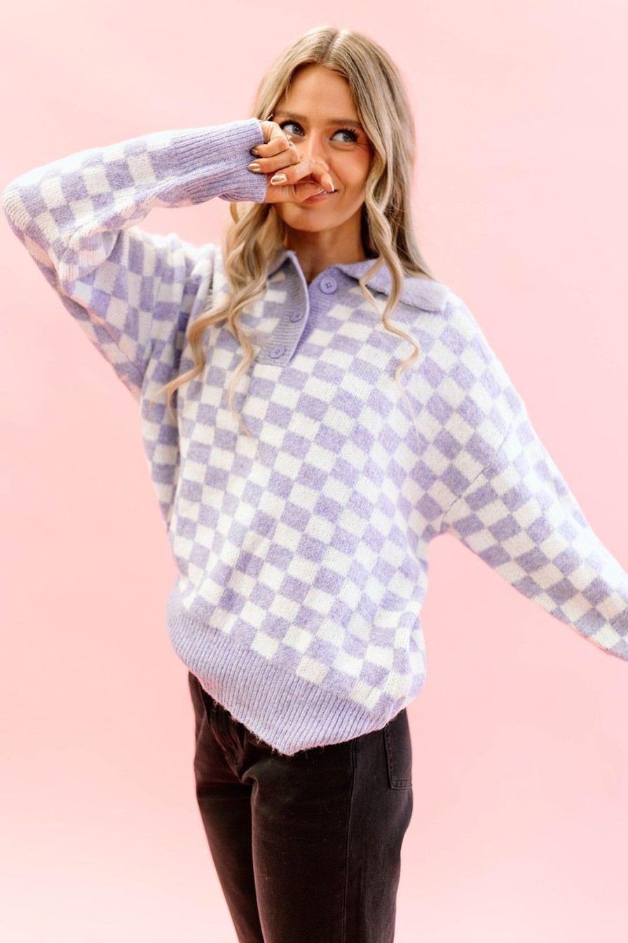 Women Pink Desert Tops | The Lyla Collared Sweater In Lilac Checker