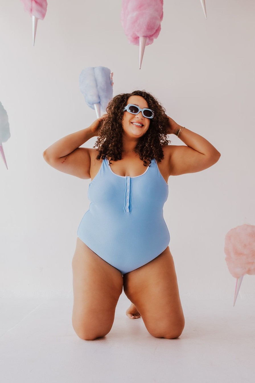 Women Pink Desert One-Pieces | Button Front One Piece In Ribbed Cotton Candy Blue By Sarah Tripp X Pink Desert