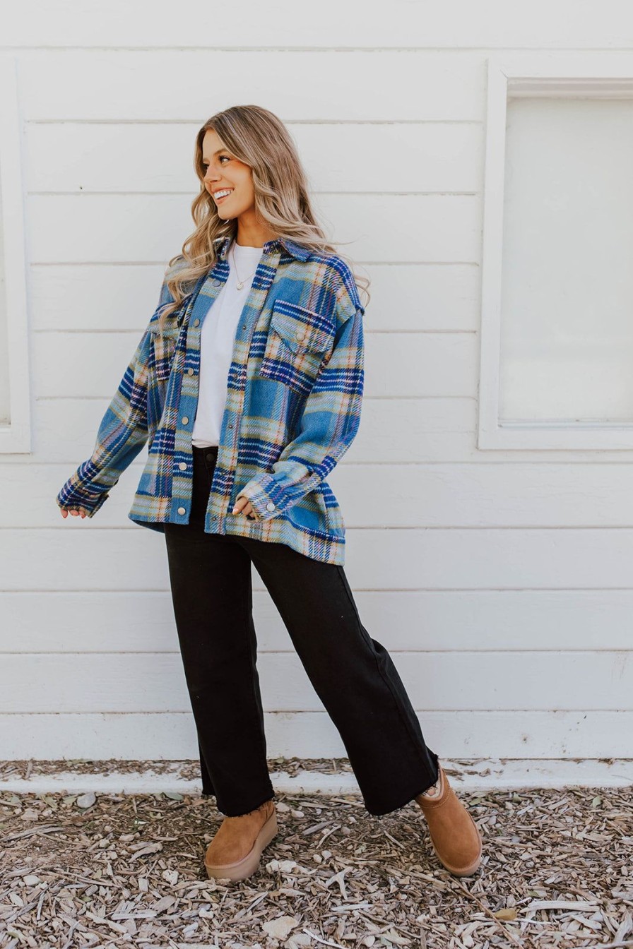 Women Pink Desert Tops | The Hailee Shacket In Blue Plaid