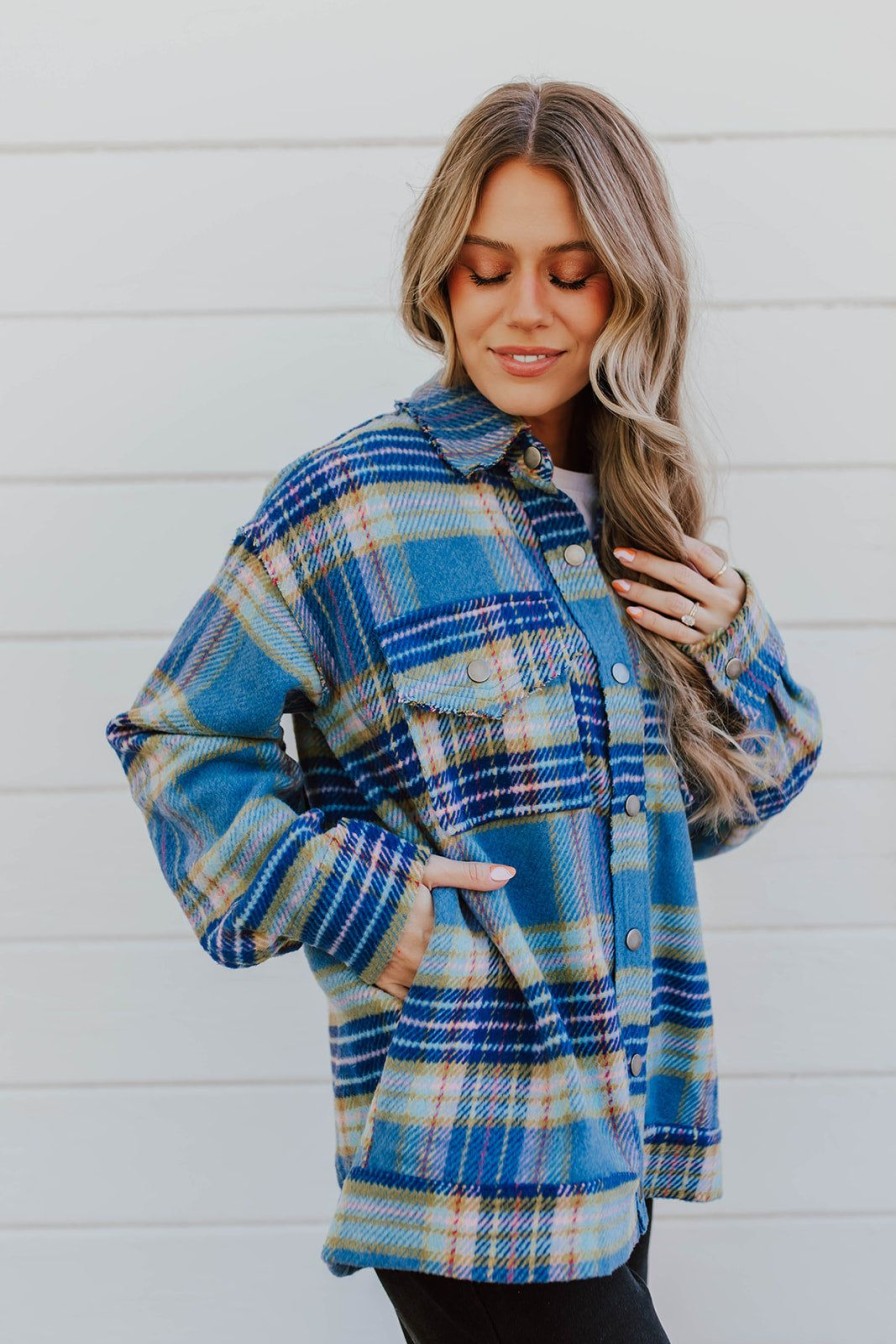 Women Pink Desert Tops | The Hailee Shacket In Blue Plaid