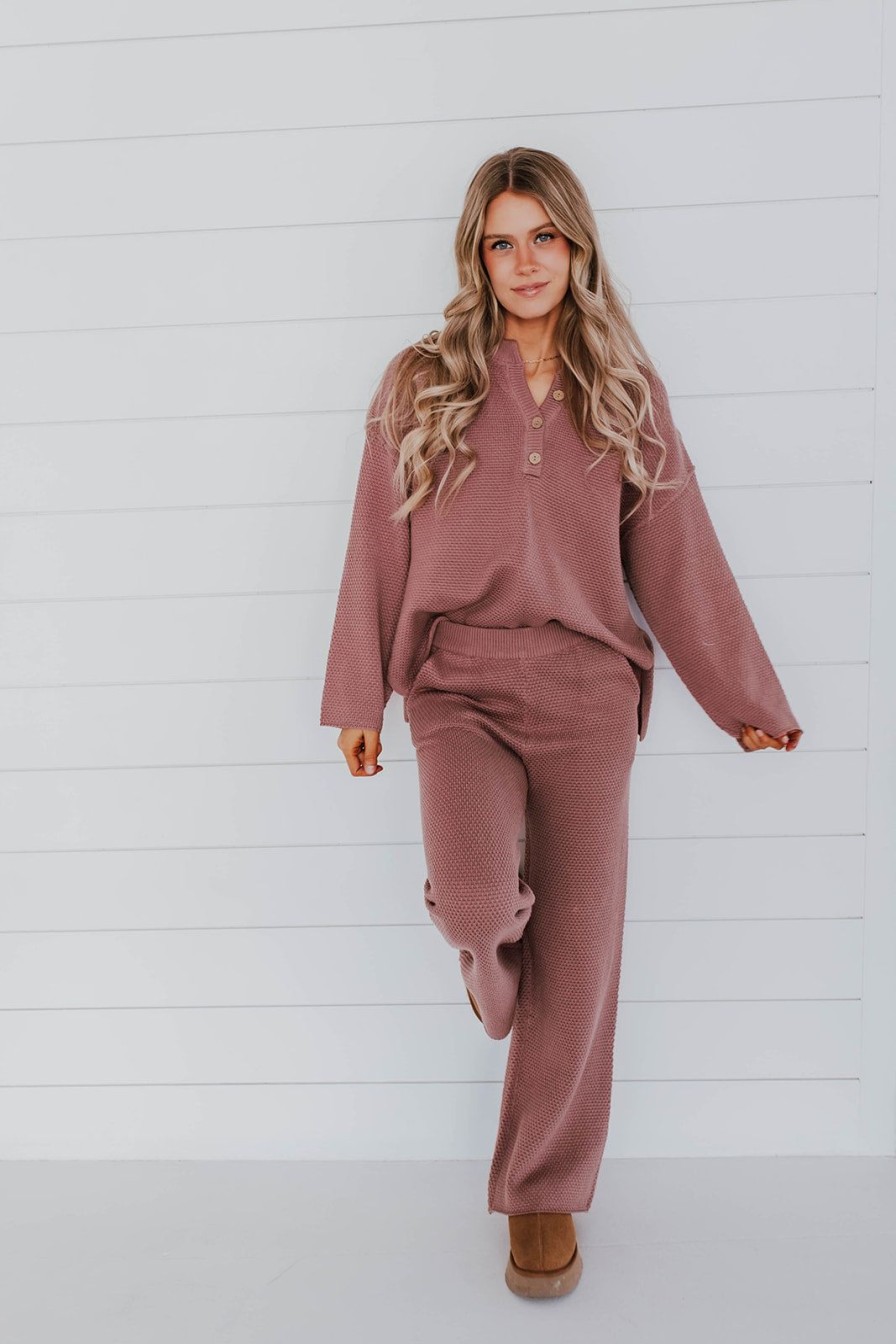 Women Pink Desert Tops | The Hanna Henley Sweater Set In Mauve