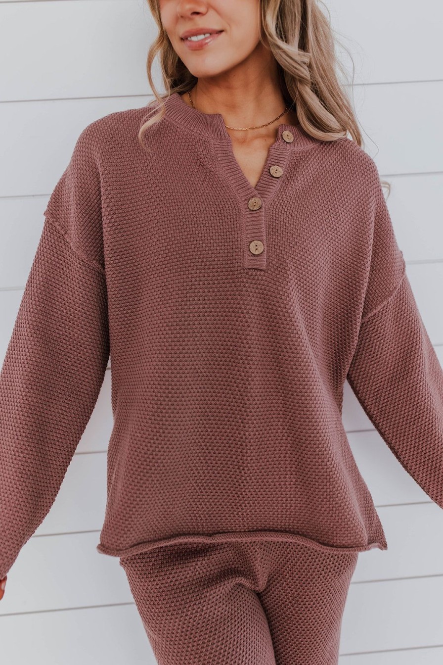 Women Pink Desert Tops | The Hanna Henley Sweater Set In Mauve