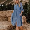 Women Pink Desert Dresses | The Bodie Button Up Midi Dress In Denim