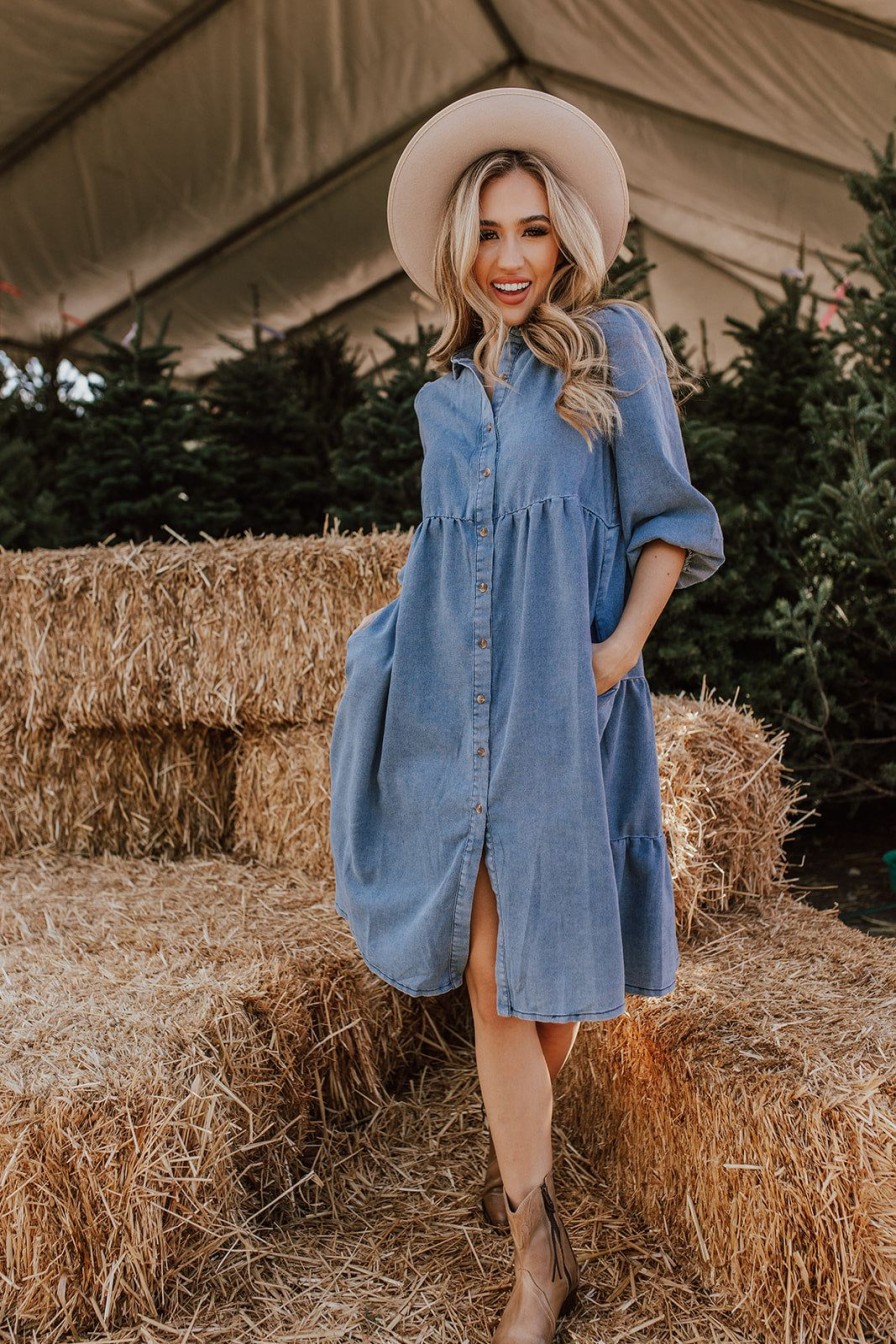 Women Pink Desert Dresses | The Bodie Button Up Midi Dress In Denim