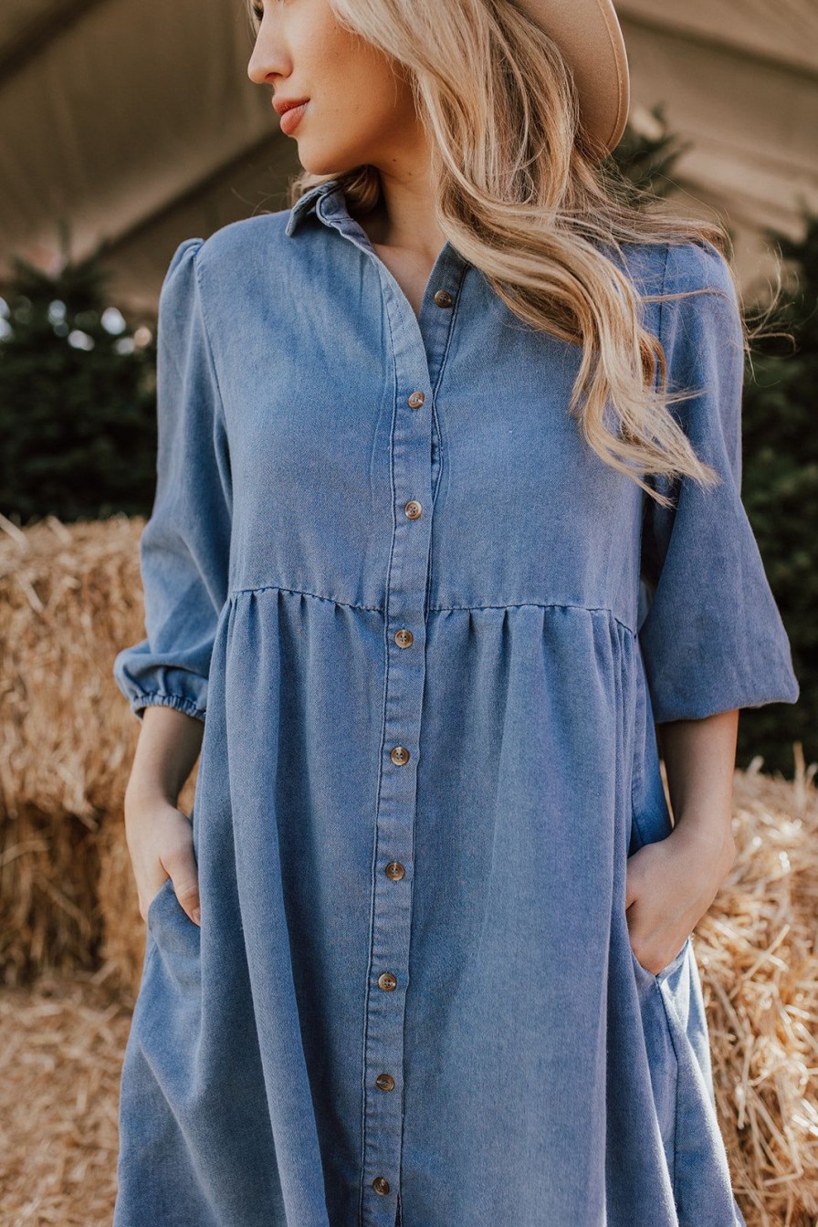 Women Pink Desert Dresses | The Bodie Button Up Midi Dress In Denim