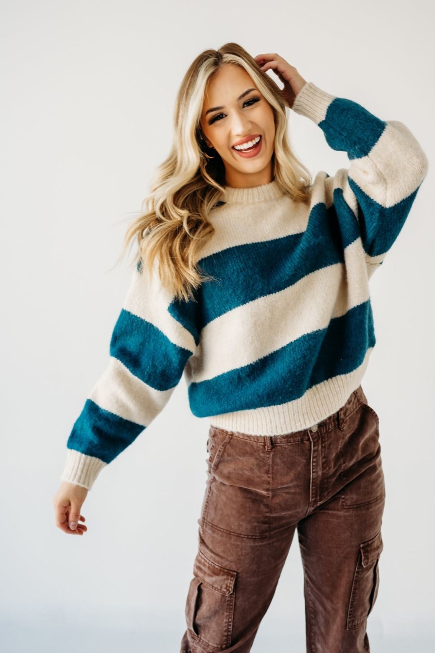 Women Pink Desert Tops | The Seattle Striped Sweater In Emerald Teal