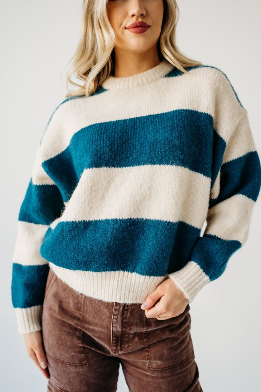 Women Pink Desert Tops | The Seattle Striped Sweater In Emerald Teal