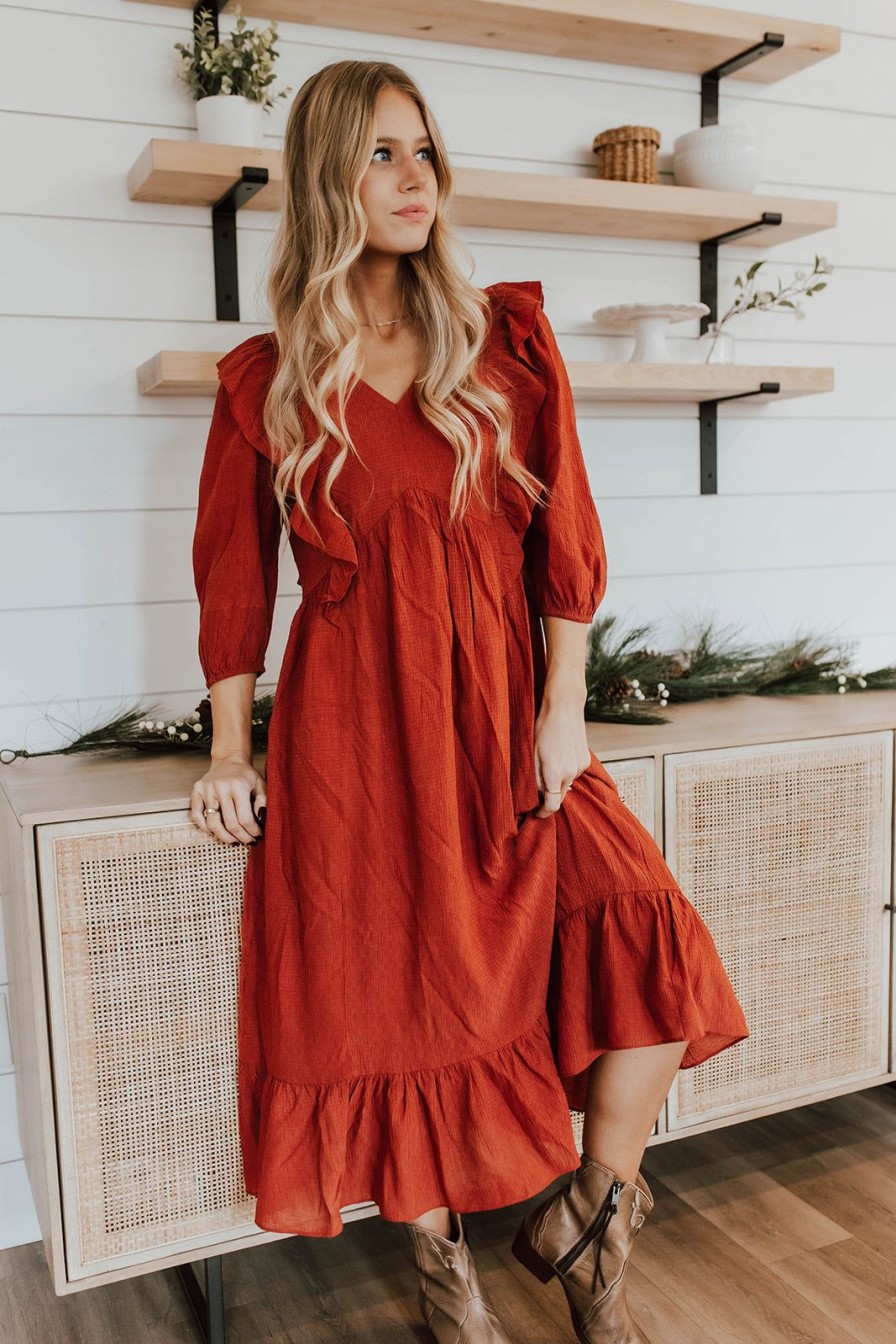 Women Pink Desert Dresses | The Raven Ruffle Midi Dress In Rust