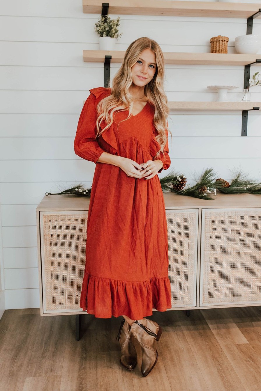 Women Pink Desert Dresses | The Raven Ruffle Midi Dress In Rust