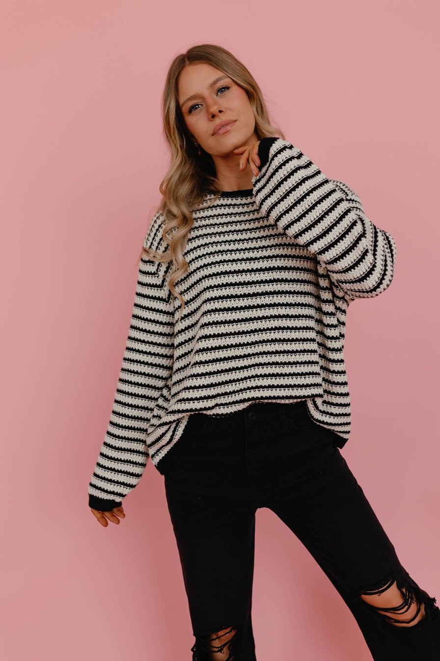 Women Pink Desert Tops | The Blaire Striped Sweater In Black