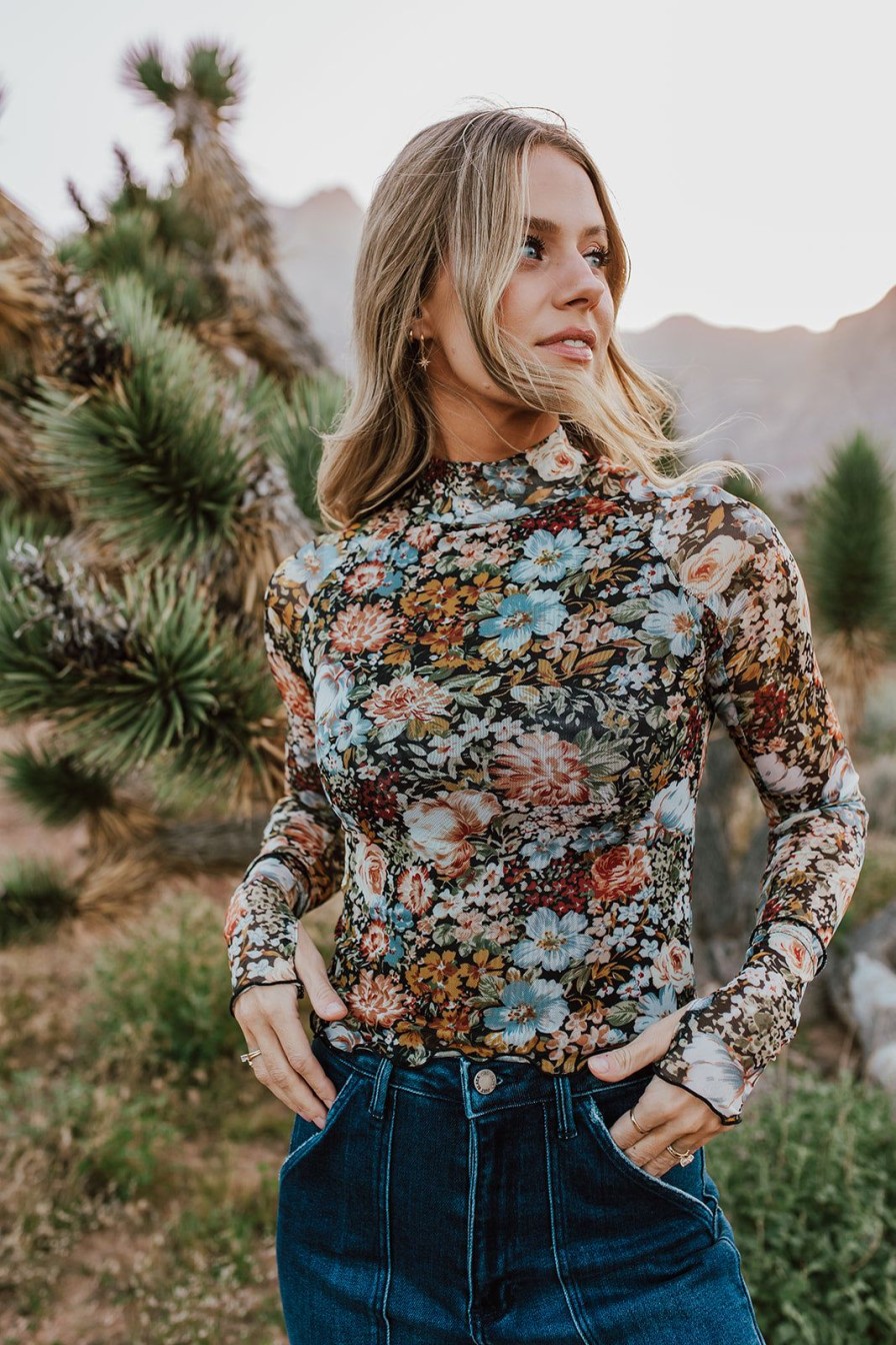 Women Pink Desert Tops | The Beth Floral Mesh Top In Black