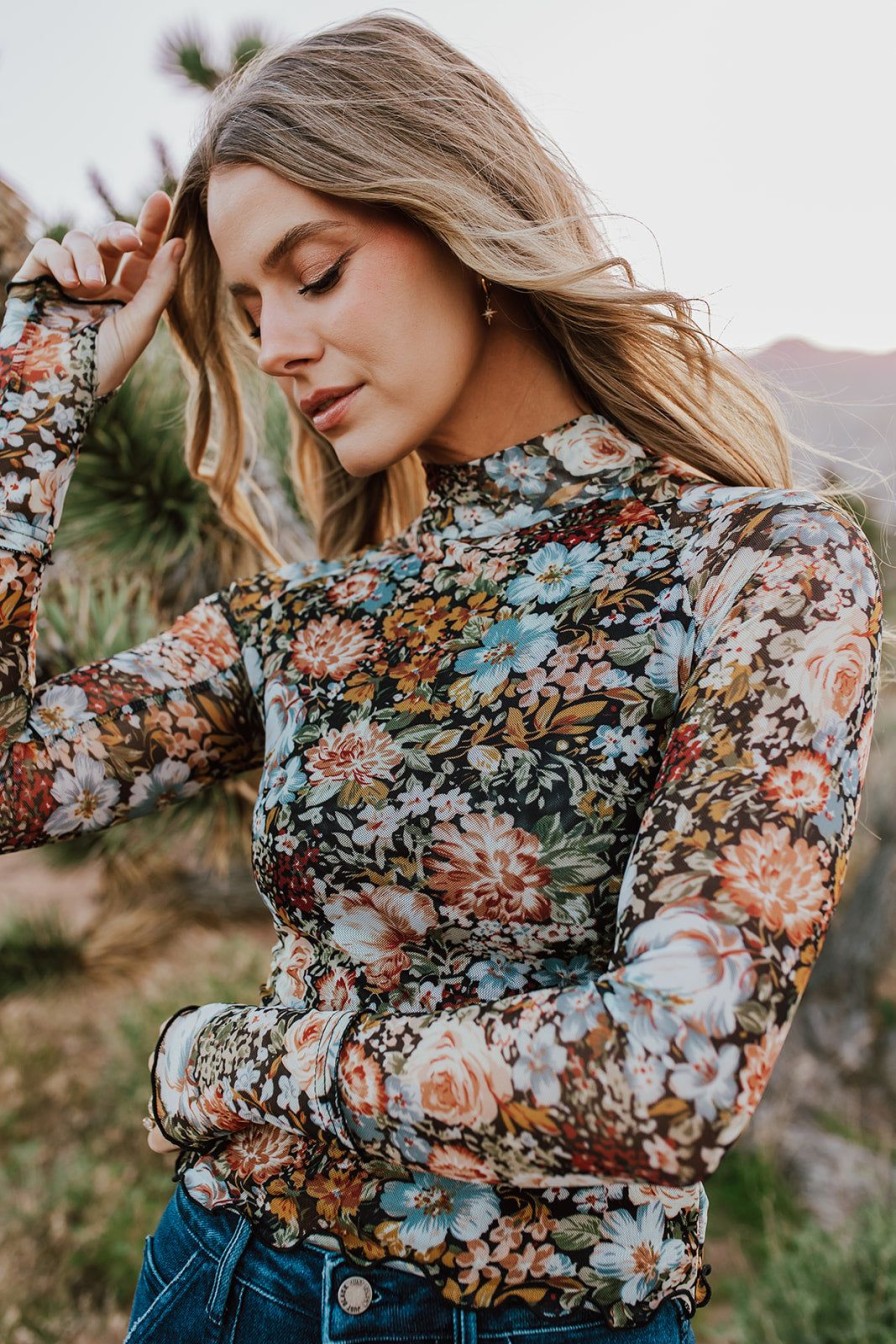 Women Pink Desert Tops | The Beth Floral Mesh Top In Black