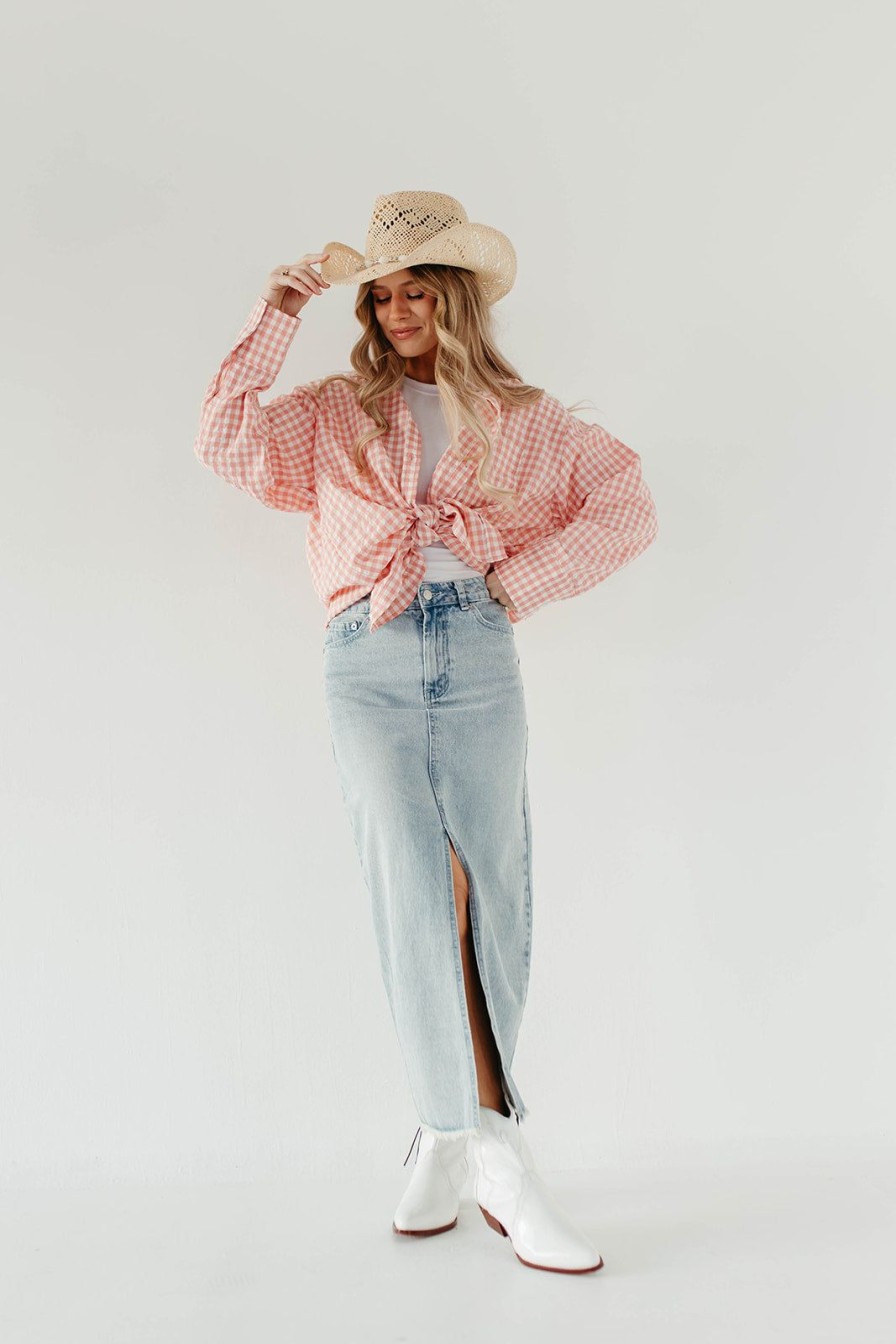 Women Pink Desert Tops | The Georgia Gingham Button Up Top In Pale Pink