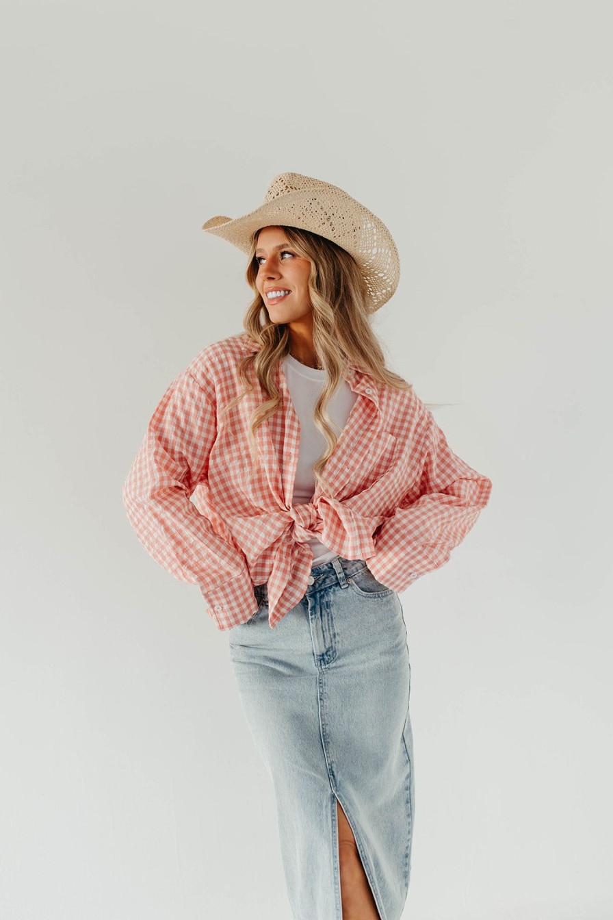 Women Pink Desert Tops | The Georgia Gingham Button Up Top In Pale Pink