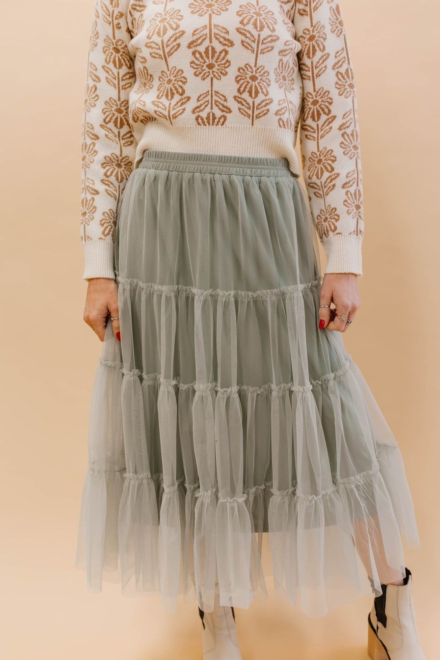 Women Pink Desert Bottoms | The Melinda Mesh Tiered Skirt In Sage