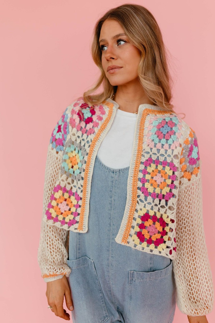 Women Pink Desert Tops | The Crissa Cropped Crochet Cardigan In Cream