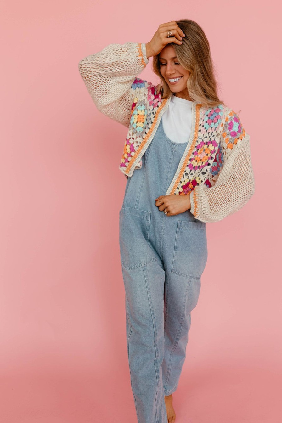 Women Pink Desert Tops | The Crissa Cropped Crochet Cardigan In Cream