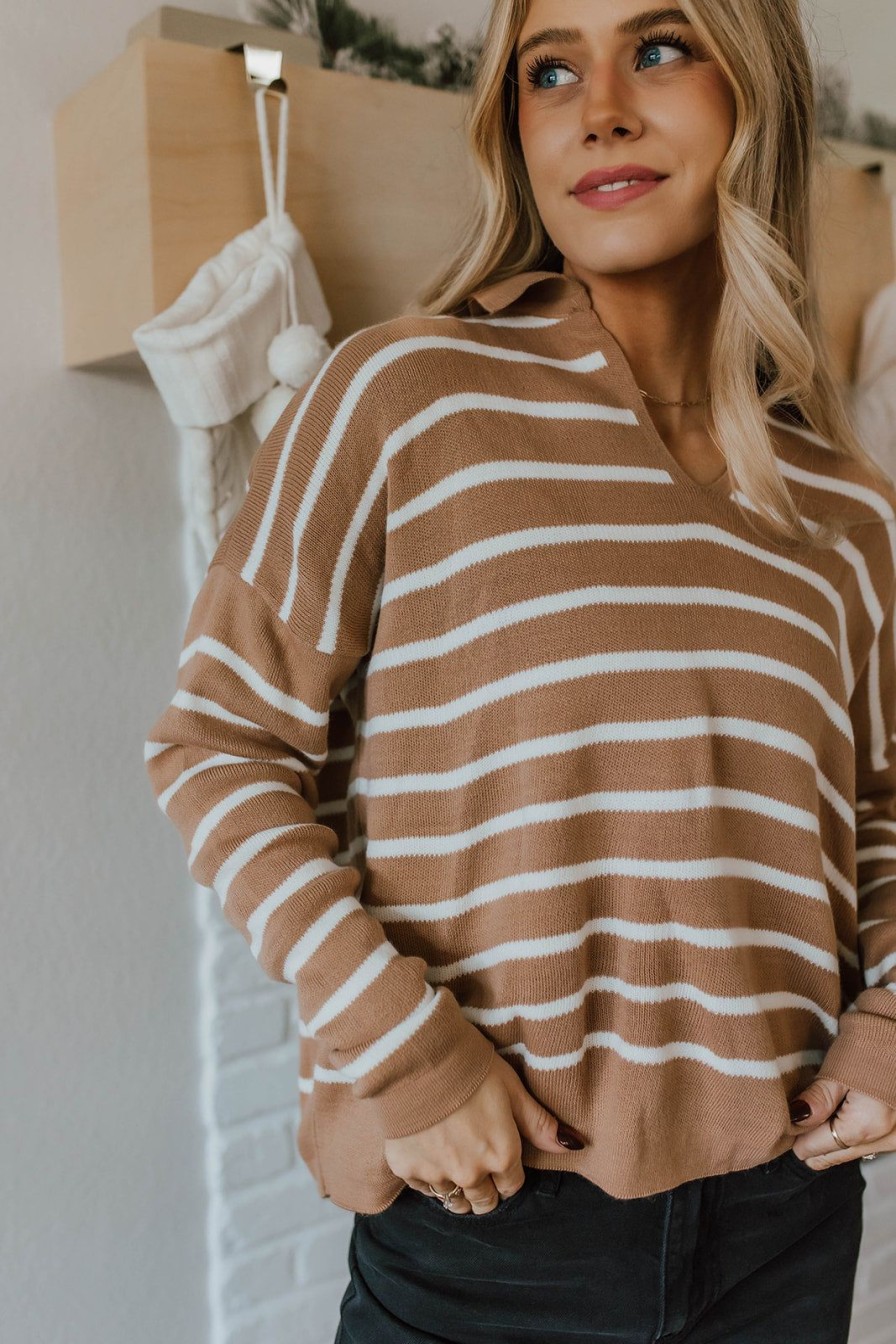 Women Pink Desert Tops | The Stacie Striped Polo Sweater In Latte