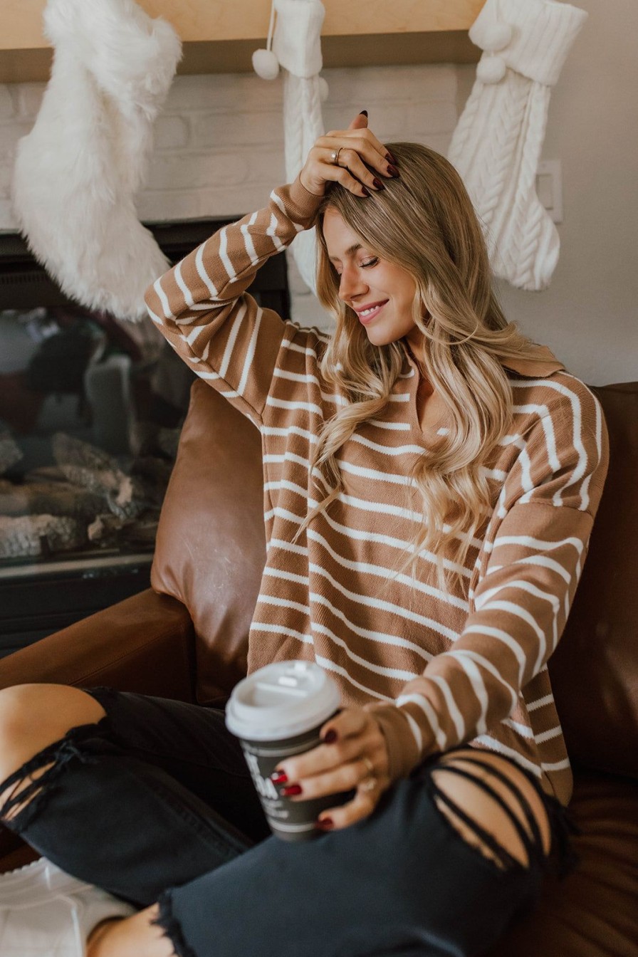 Women Pink Desert Tops | The Stacie Striped Polo Sweater In Latte