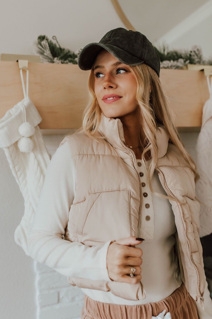 Women Pink Desert Tops | The Charli Cropped Puffer Vest In Khaki