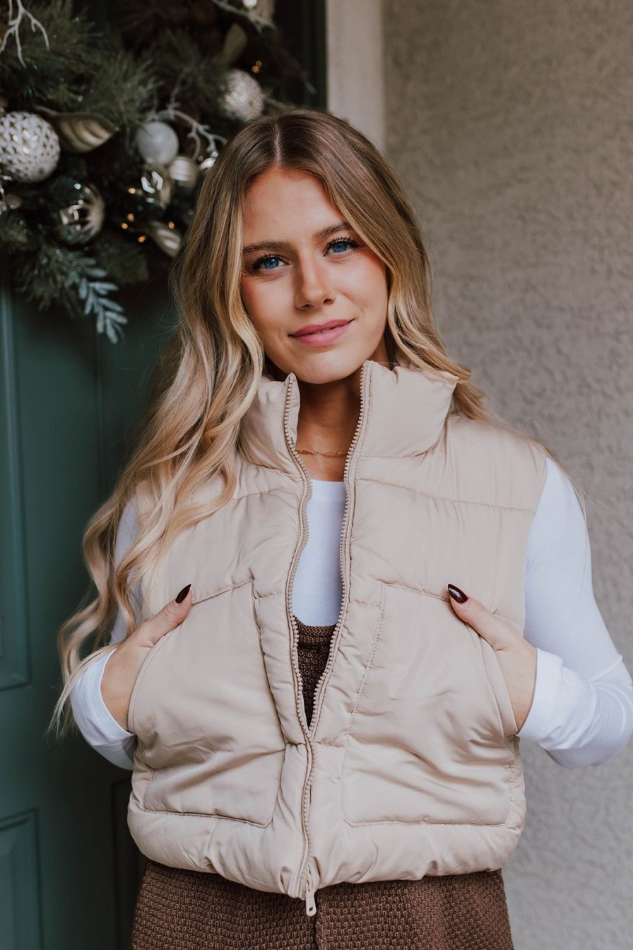 Women Pink Desert Tops | The Charli Cropped Puffer Vest In Khaki