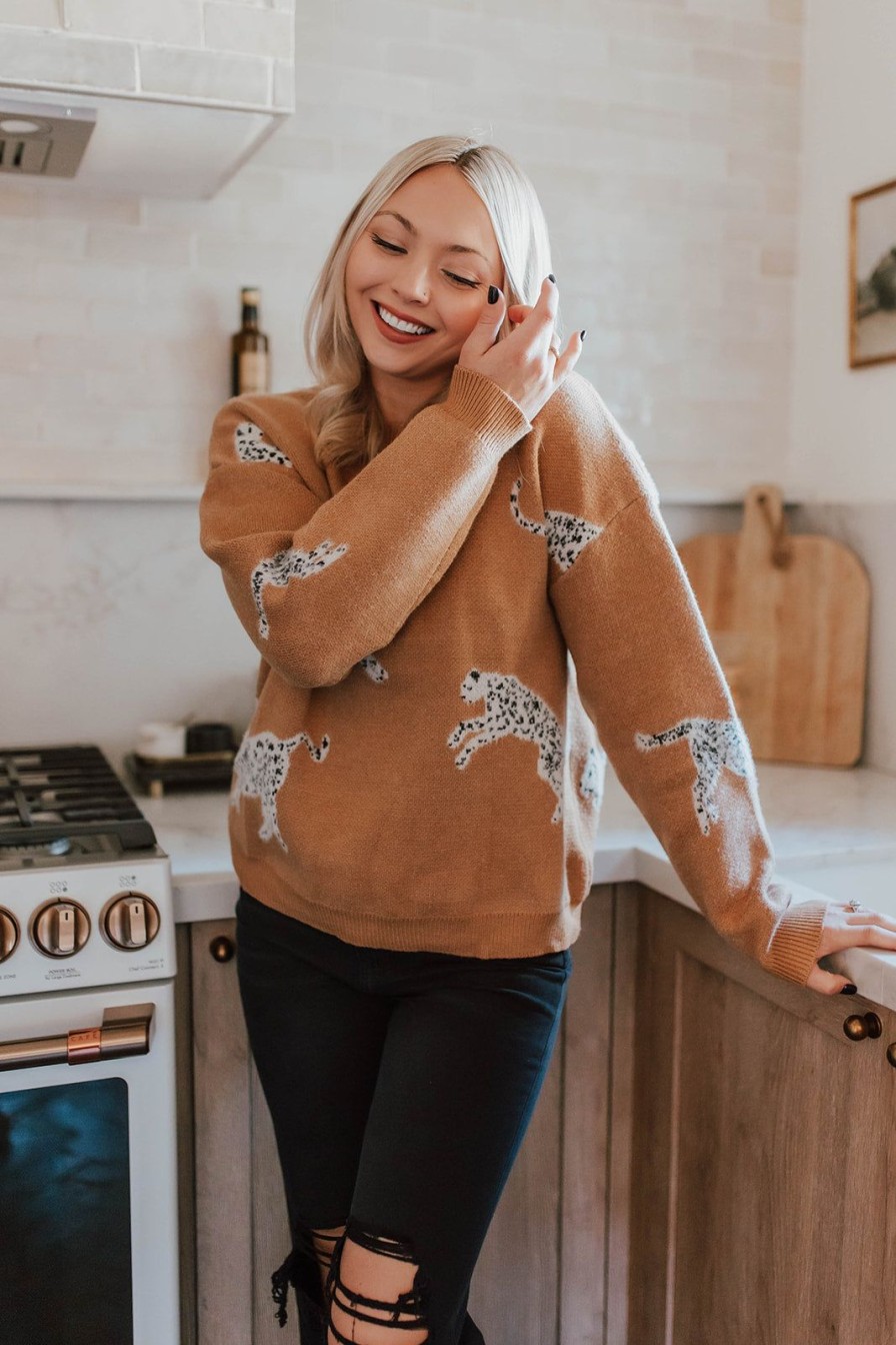 Women Pink Desert Tops | The Snow Leopard Sweater In Tan