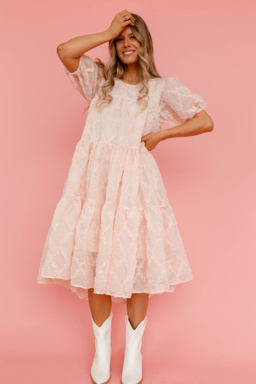 Women Pink Desert Dresses | The Mirabelle Puff Sleeve Dress In Peach