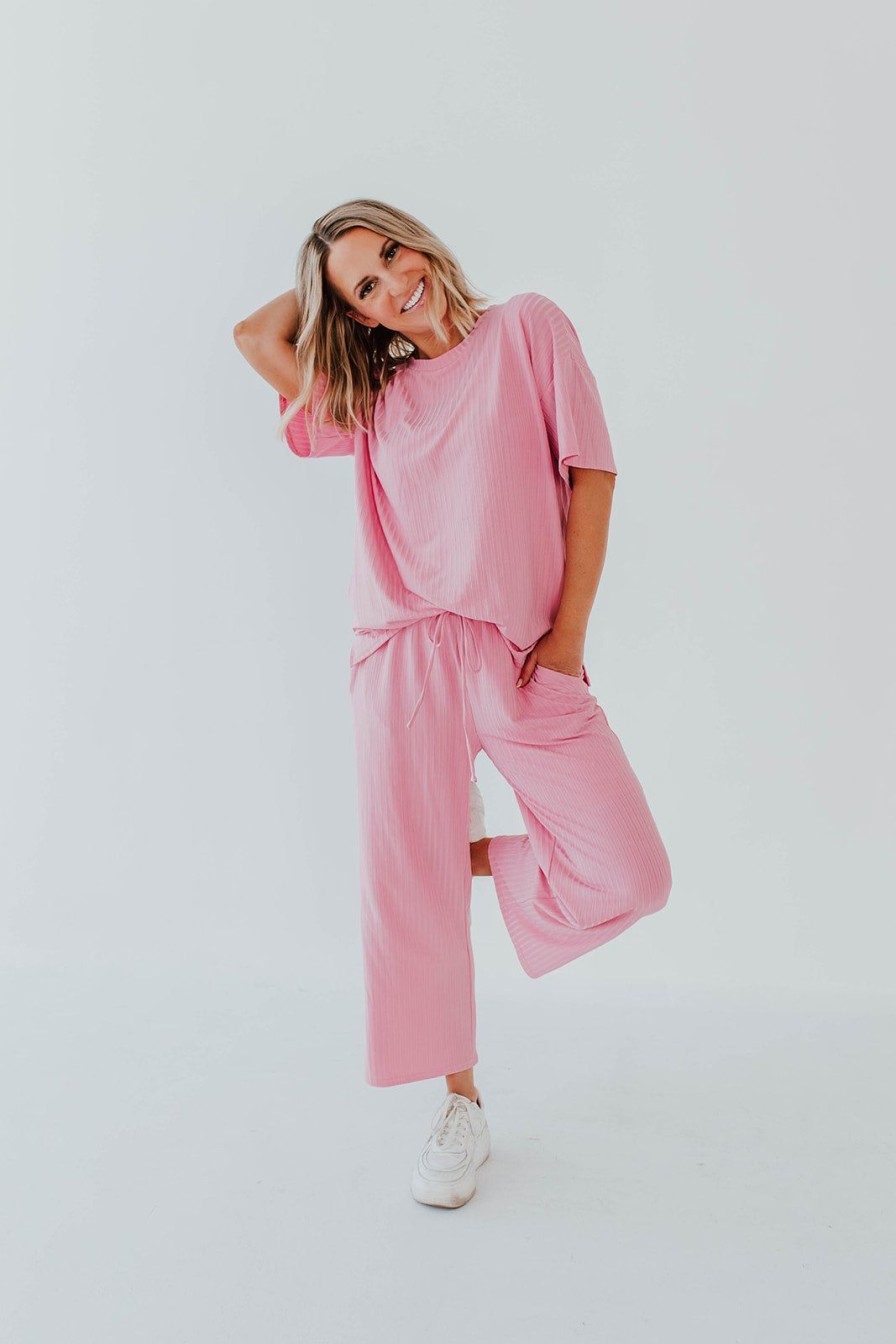 Women Pink Desert Tops | The Rylie Ribbed Wide Leg Set In Bubblegum Pink By Pink Desert