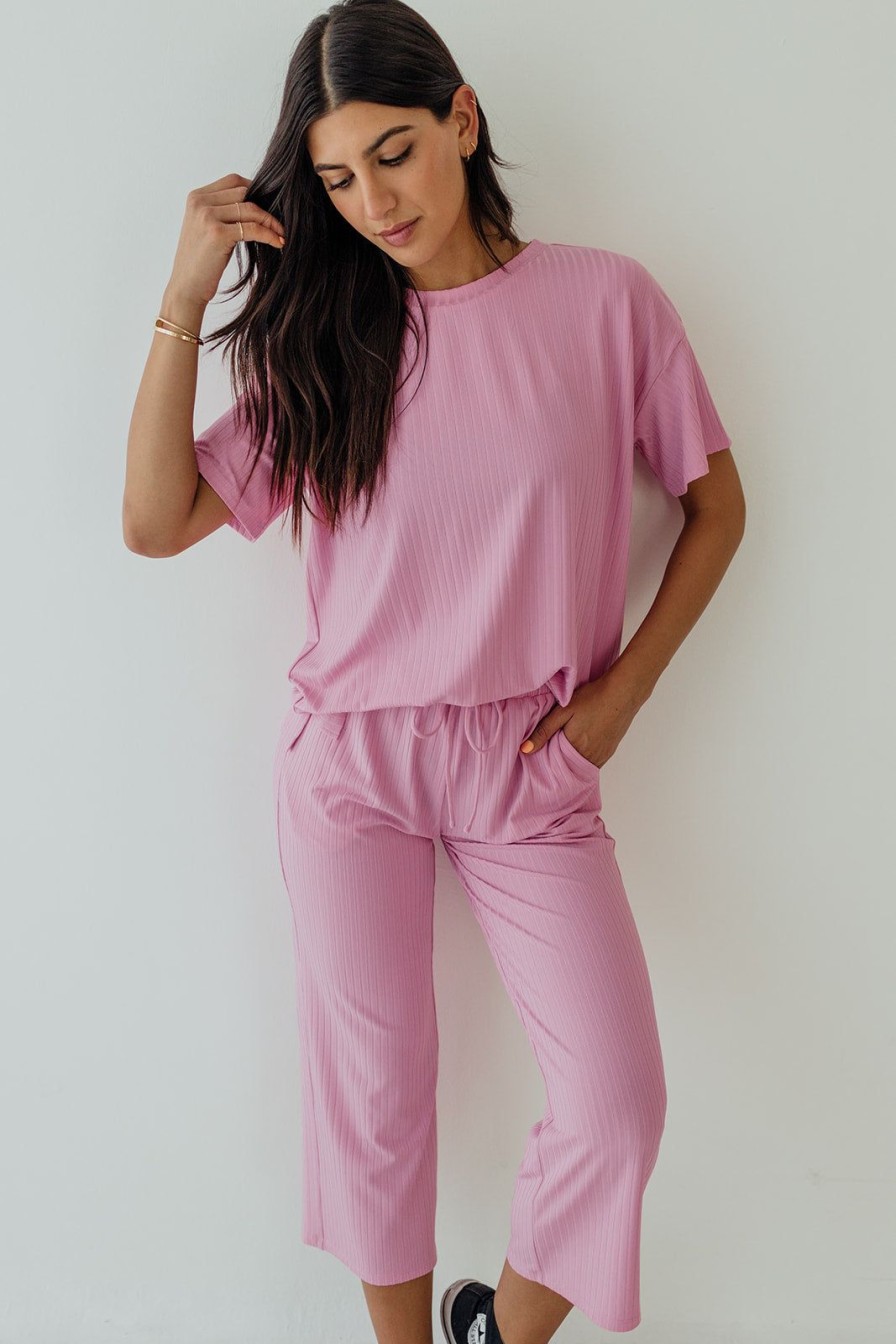 Women Pink Desert Tops | The Rylie Ribbed Wide Leg Set In Bubblegum Pink By Pink Desert