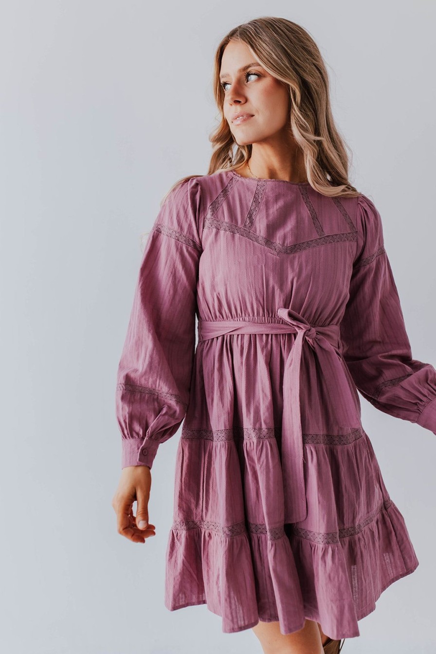 Women Pink Desert Dresses | The Lacey Long Sleeve Mini Dress In Mauve