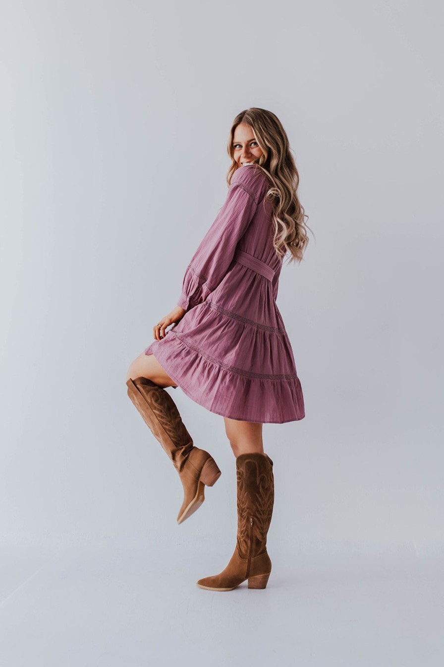 Women Pink Desert Dresses | The Lacey Long Sleeve Mini Dress In Mauve