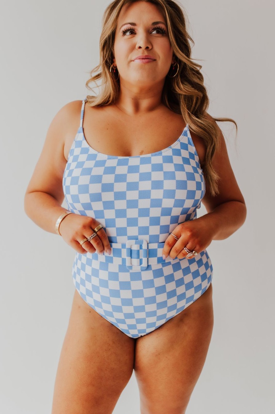 Women Pink Desert One-Pieces | Belted One Piece In Blue Checker By Pink Desert